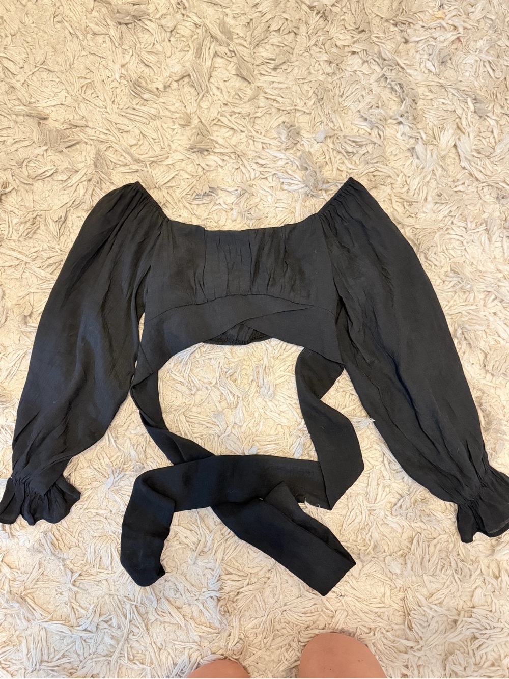 Black Puff Sleeve Cropped Wrap Top